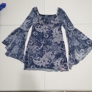 Y2K Fairy Grunge Whimsigoth Womens Large Blue Paisley Bell Sleeve Mesh Boho Mini